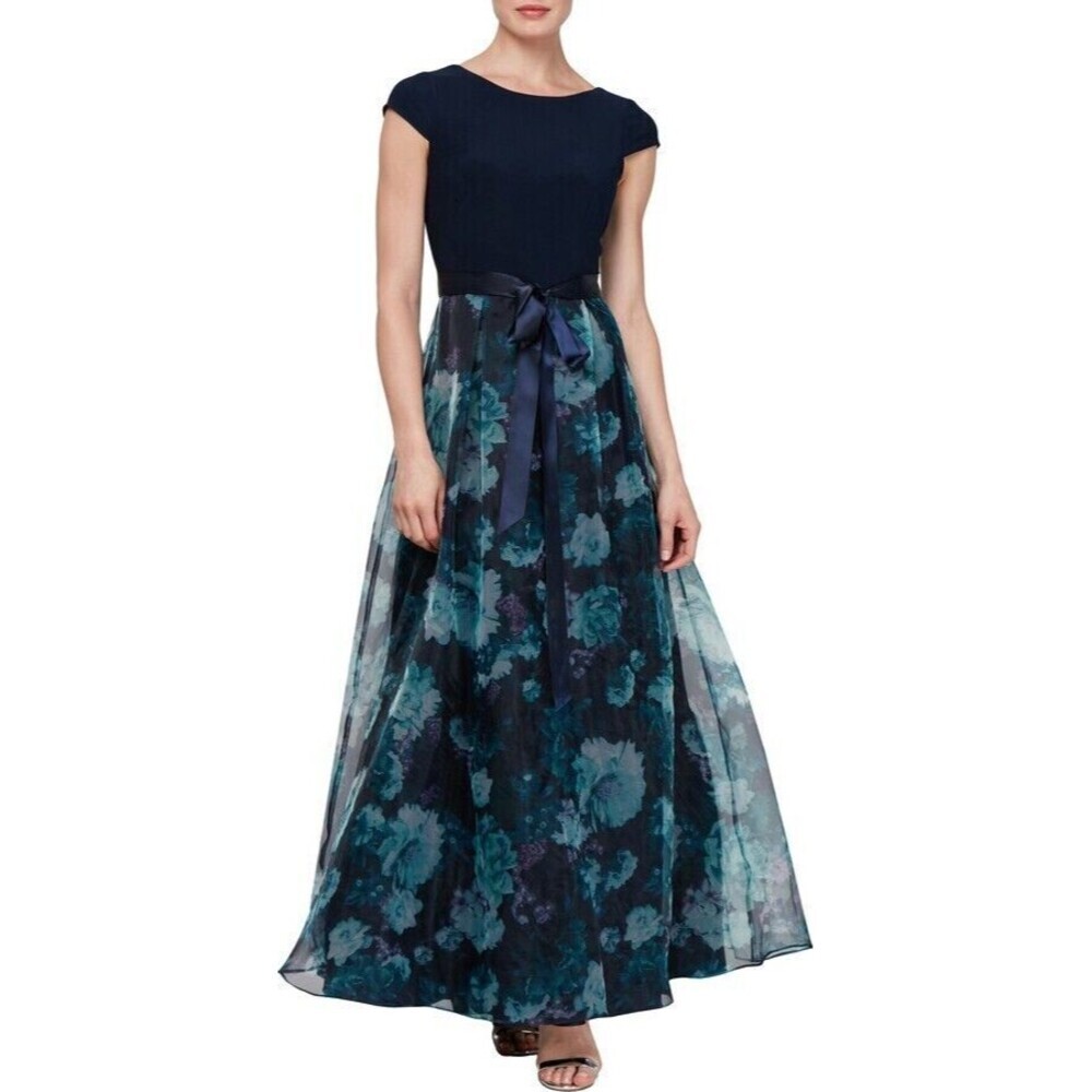 SL Fashions Women's Scoop neckline Satin Belt Floral-Organza Gown Navy Floral 10